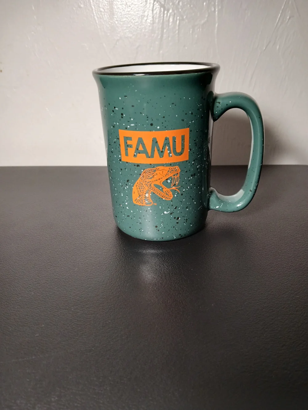 FAMU Green Speckled Ceramic Mug with Orange Logo